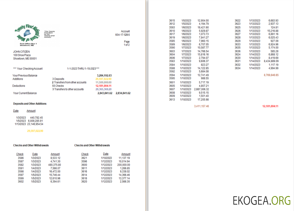 Modèle Word et PDF de relevé bancaire de la Twenty First National Bank of Maine des États Unis, 2 pages scr